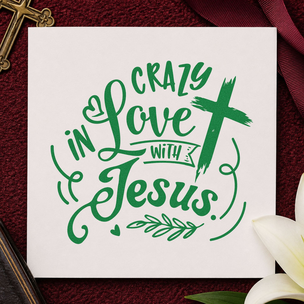 Crazy in Love Cross Right craft stamp imprint in green ink on a handmade project, one idea being framed patio art.