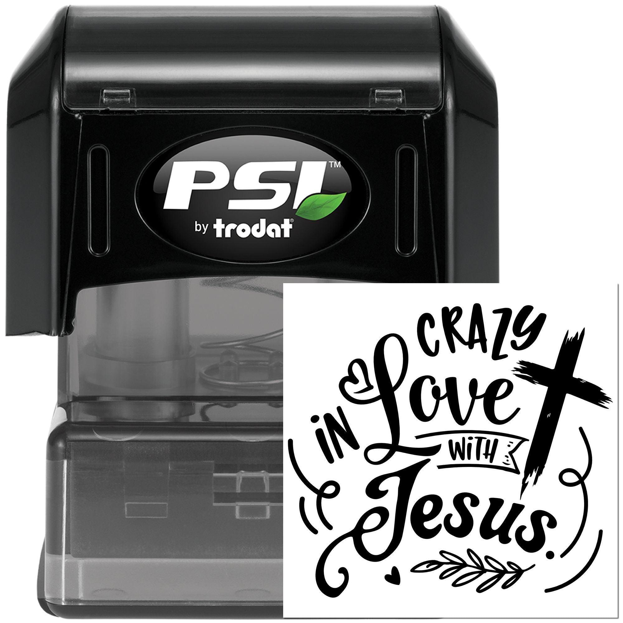 PSI by Trodat self-inking rubber stamp with Crazy in Love with Jesus Christian design for custom stamping