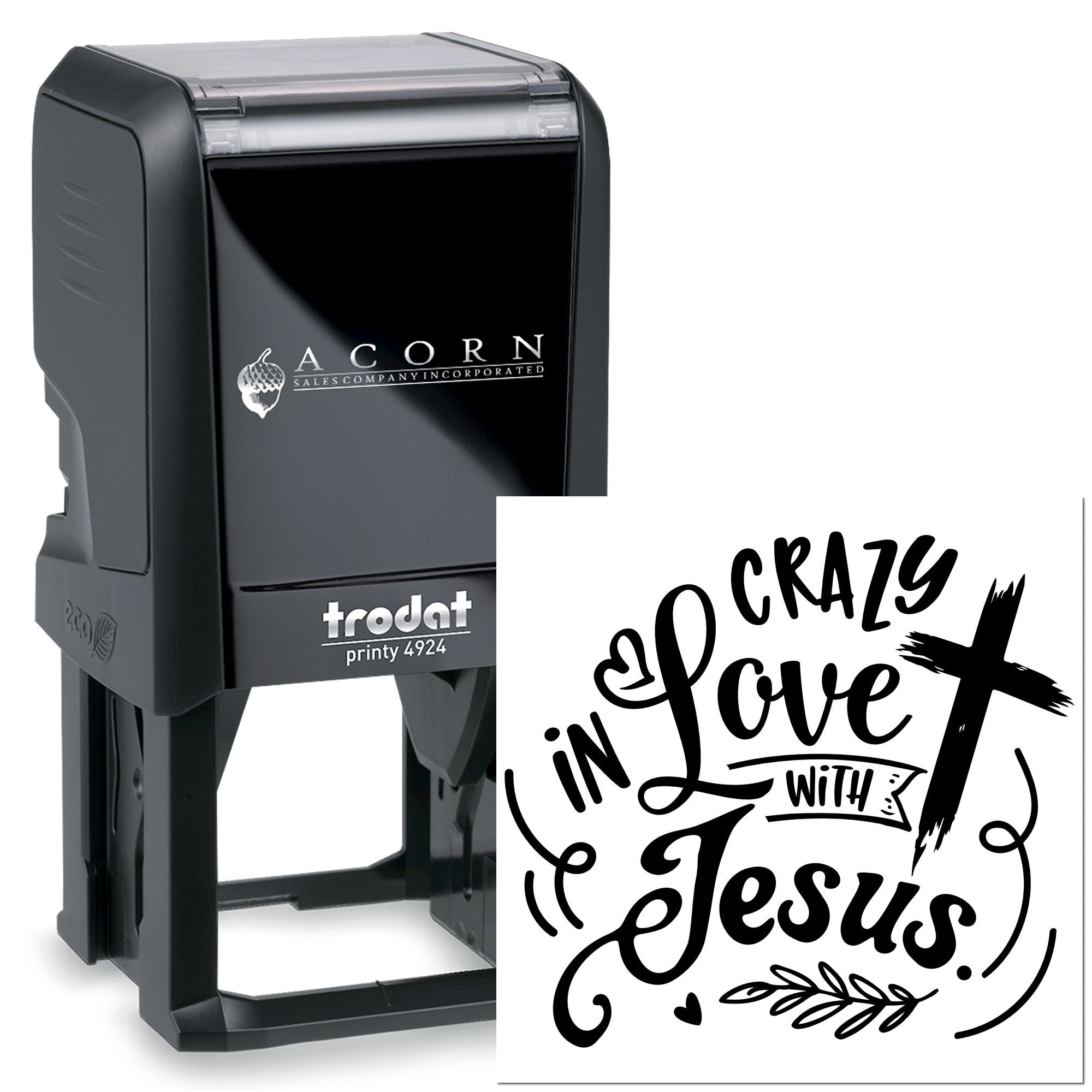 Custom self-inking rubber stamp with In Crazy Love with Jesus design for Christian crafts, cards, and personalized stamping.