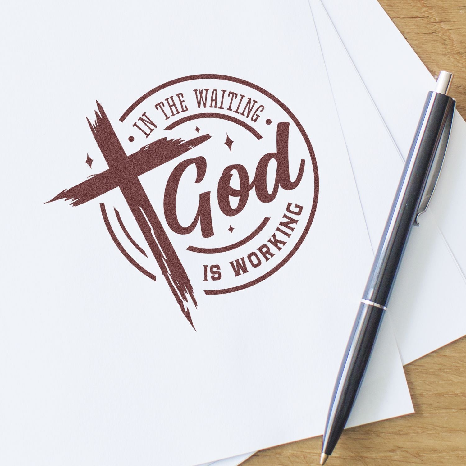 Custom faith rubber stamp with In the waiting, God is working message for cards, journaling, and paper crafts.