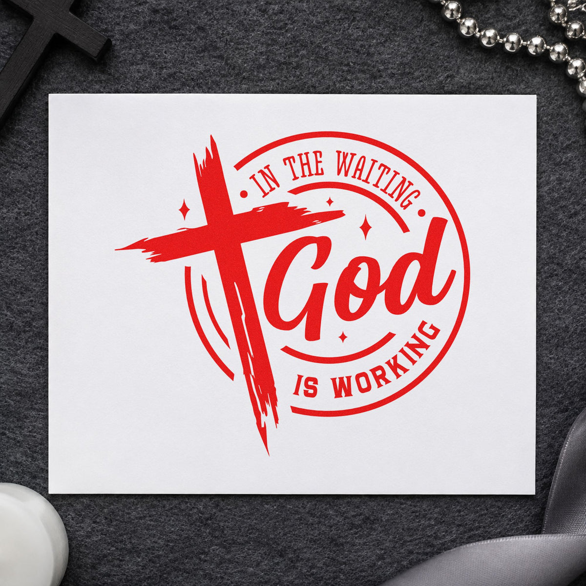 In the Waiting God Works Badge rubber stamp shown in red ink, stamped for projects such as seedling tray markers.