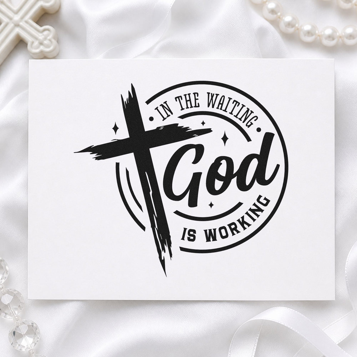 In the Waiting God Works Badge rubber stamp printed in black ink, ready for waiting circle cards and similar paper crafts.