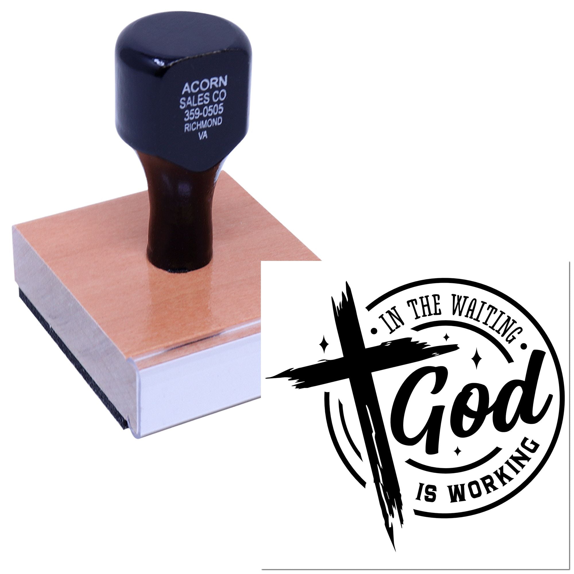 Custom rubber stamp with In the Waiting God is Working design, ideal for faith-based crafts and church projects.