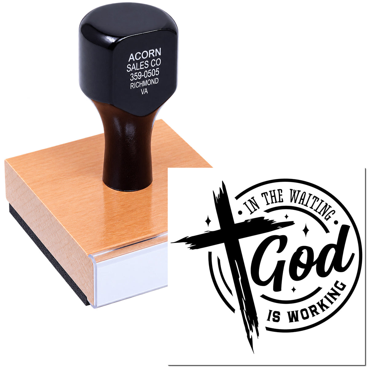 Custom rubber stamp with In the Waiting God is Working design, ideal for faith-based crafts and church projects.