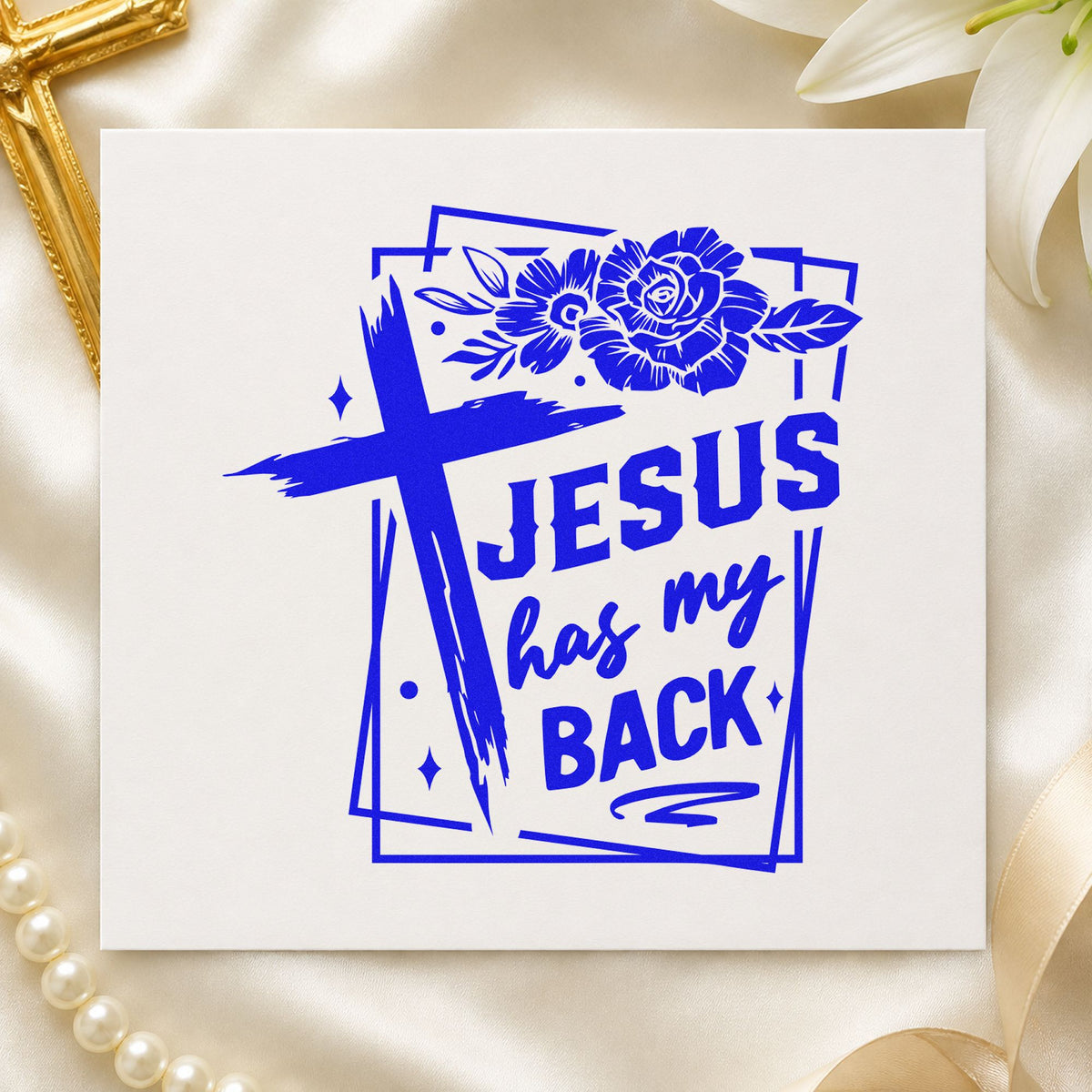 Jesus Has My Back Rose Frame craft stamp in blue ink on cardstock, an easy option for letterman jacket backs.