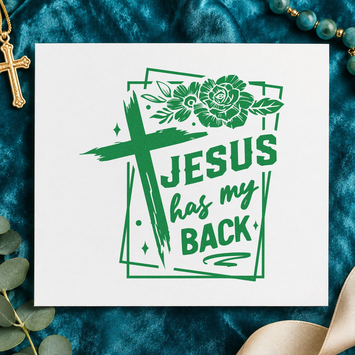 Jesus Has My Back Rose Frame craft stamp imprint in green ink on a handmade project, one idea being framed garage art.
