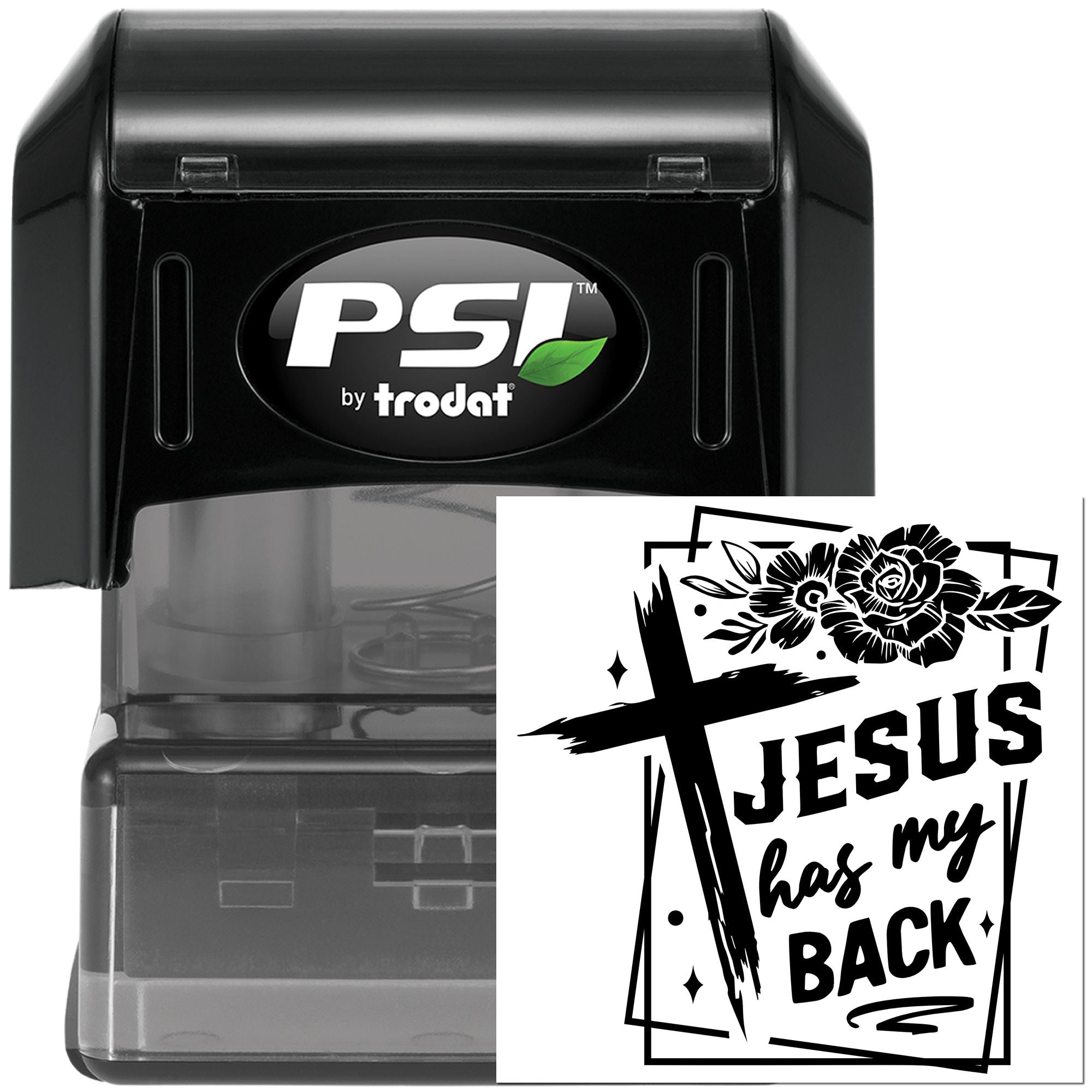 PSI by Trodat self-inking rubber stamp with Jesus Has My Back Christian design and floral cross artwork.