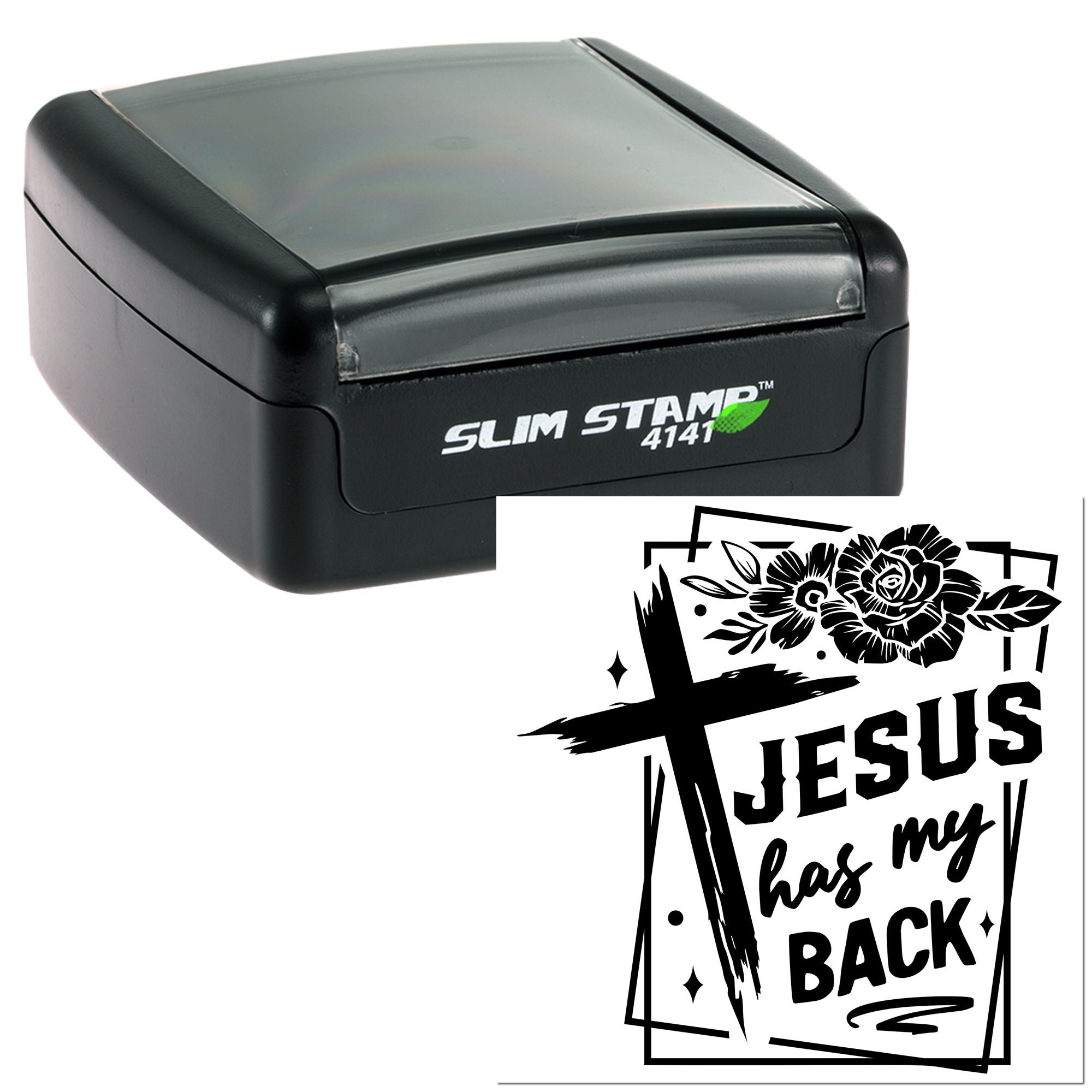 Self-inking slim rubber stamp featuring a Christian Jesus has my back design for faith-based crafting