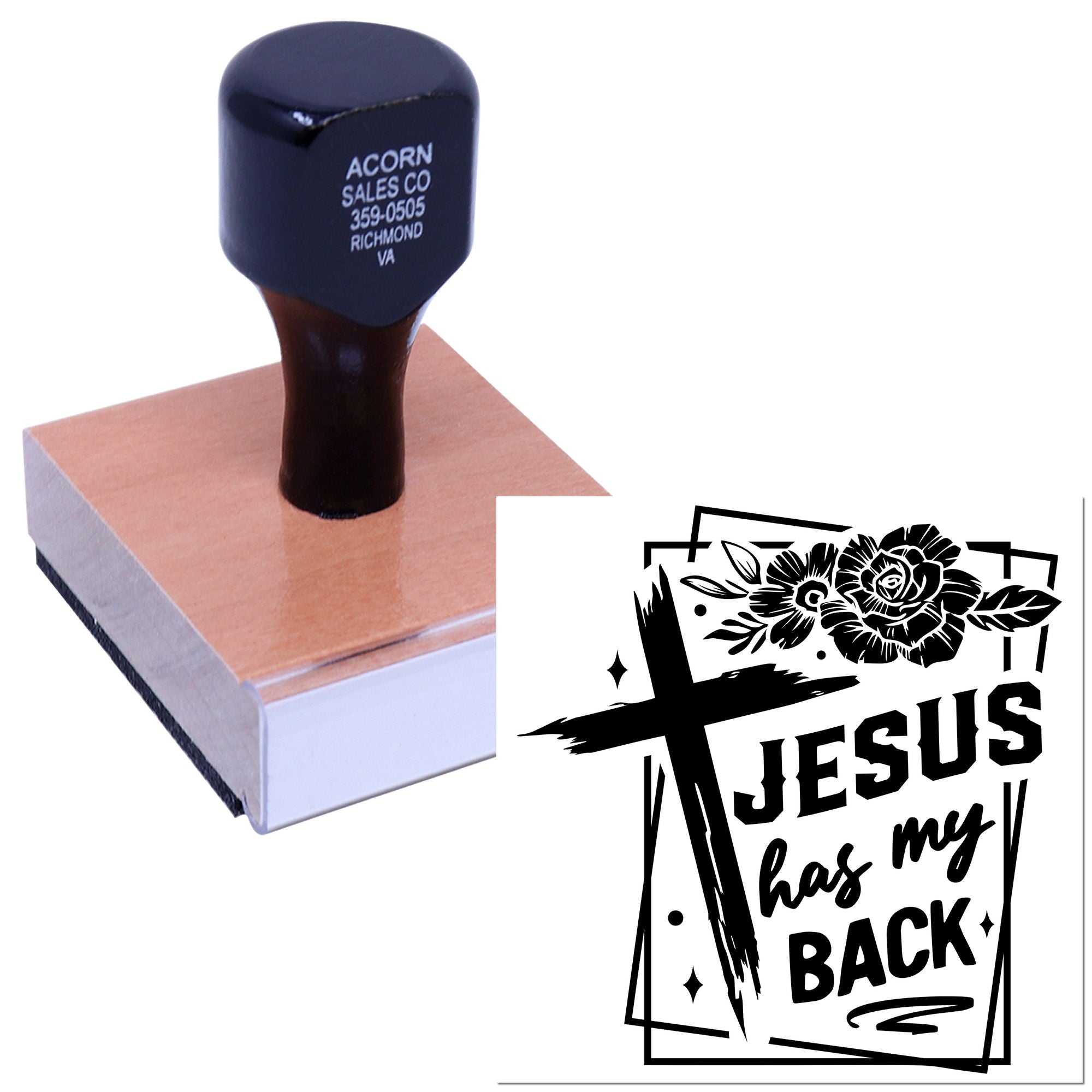 Christian custom rubber stamp with Jesus Has My Back design for faith-based crafts, church projects, and stamping.