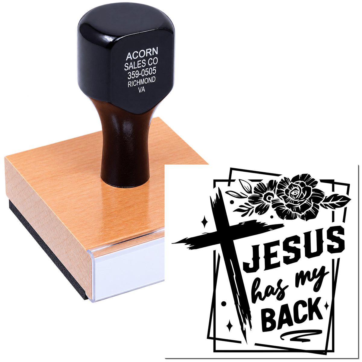 Christian custom rubber stamp with Jesus Has My Back design for faith-based crafts, church projects, and stamping.