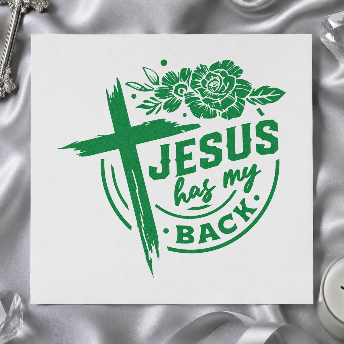 Jesus Has My Back Rose Badge Self-Inking Stamp in use 3