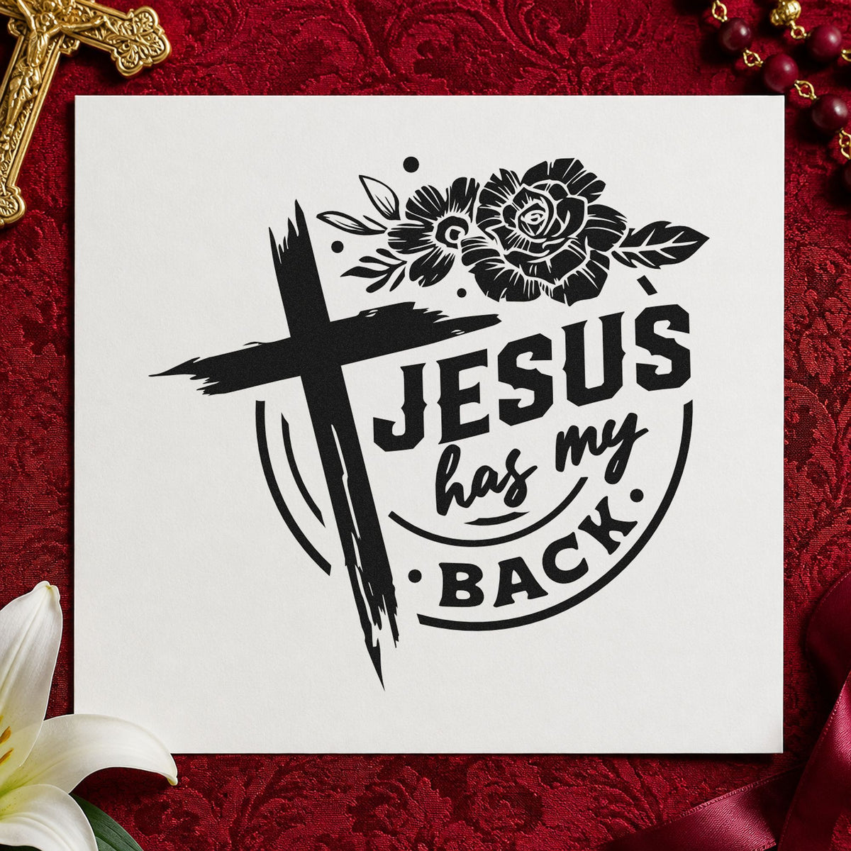 Jesus Has My Back Rose Badge Self-Inking Stamp in use 9