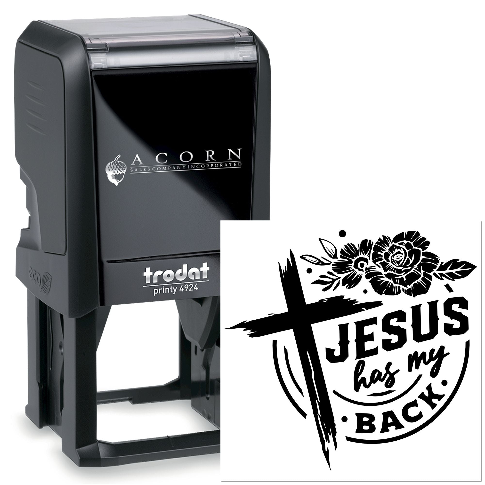 Trodat Printy 4924 self-inking rubber stamp with Jesus has my back faith design and floral cross artwork.