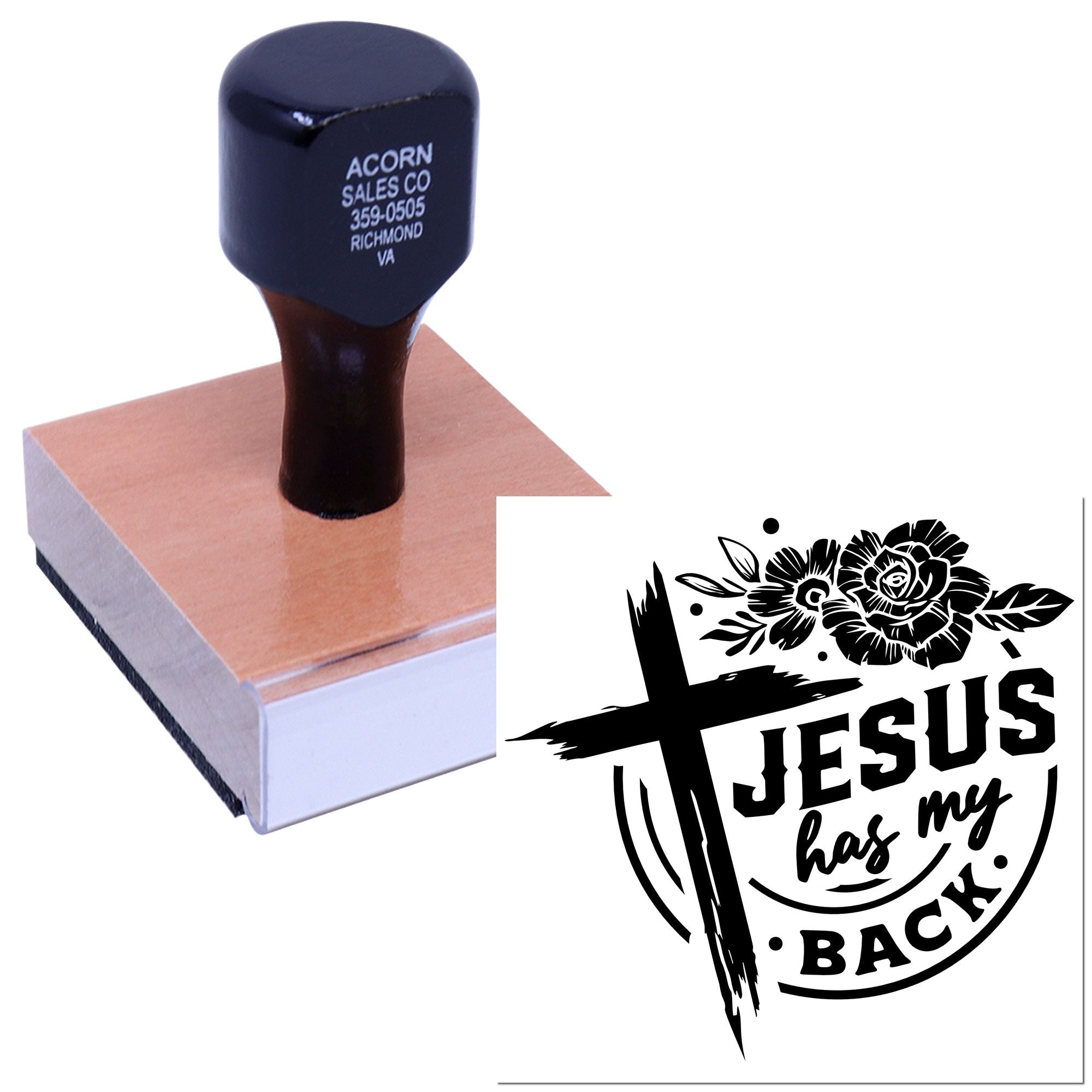 Custom Christian rubber stamp with Jesus has my back floral cross design for cards, crafts, and faith-based projects.