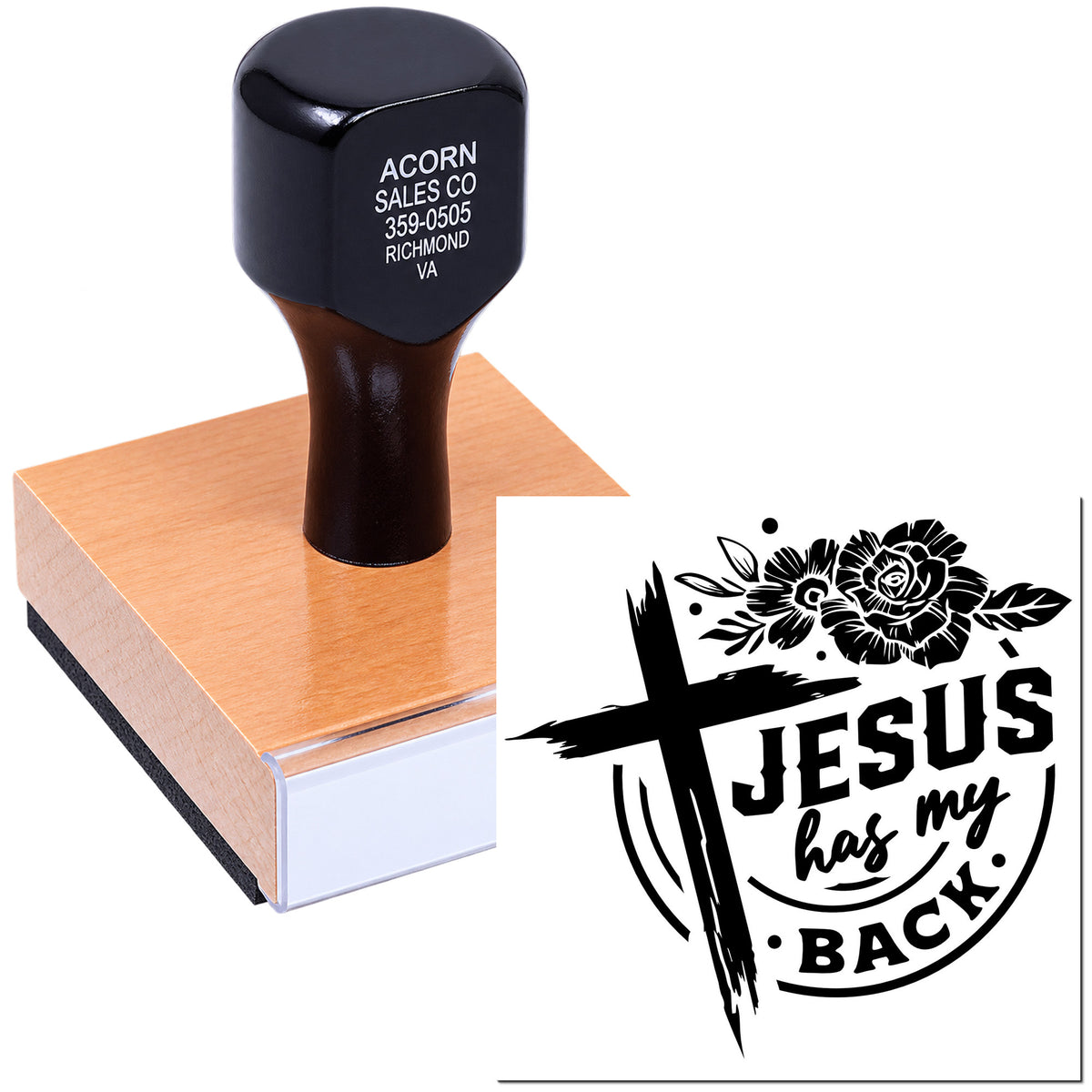 Custom Christian rubber stamp with Jesus has my back floral cross design for cards, crafts, and faith-based projects.