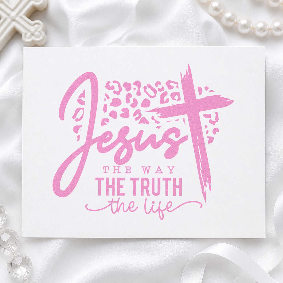 Jesus the Way Leopard Cross craft stamp in purple ink on cardstock, an easy option for boutique tissue sheets.