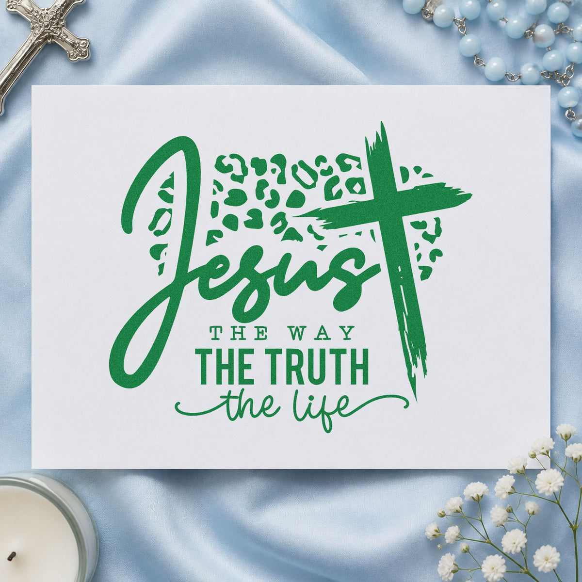 Jesus the Way Leopard Cross craft stamp imprint in green ink on a handmade project, one idea being trail map pages.