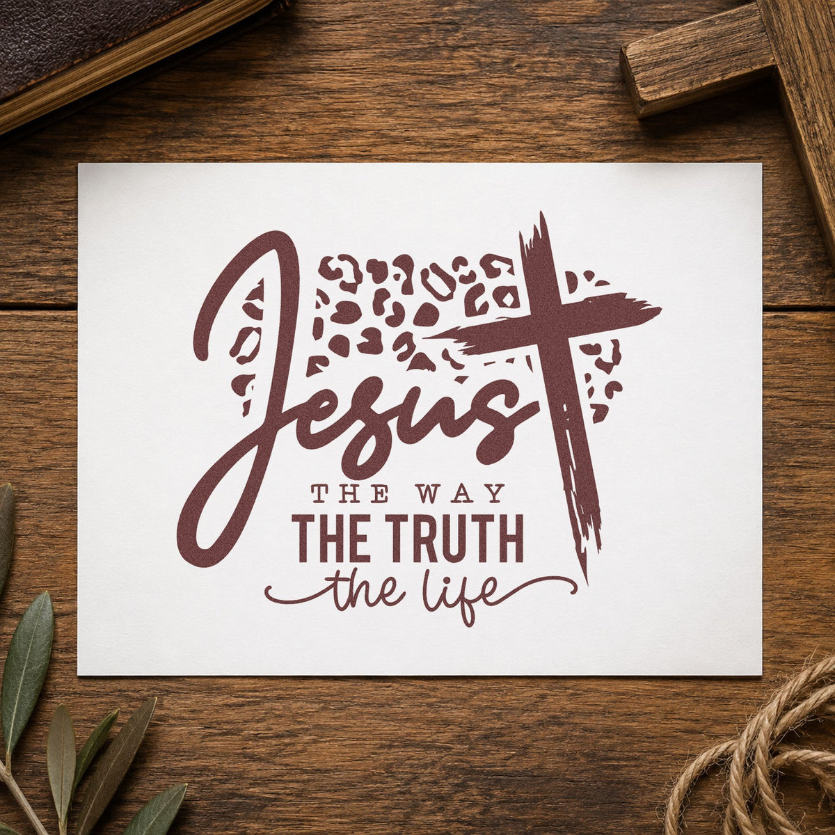 Jesus the Way Leopard Cross rubber stamp printed in brown ink, ready for confirmation gift tags and similar paper crafts.