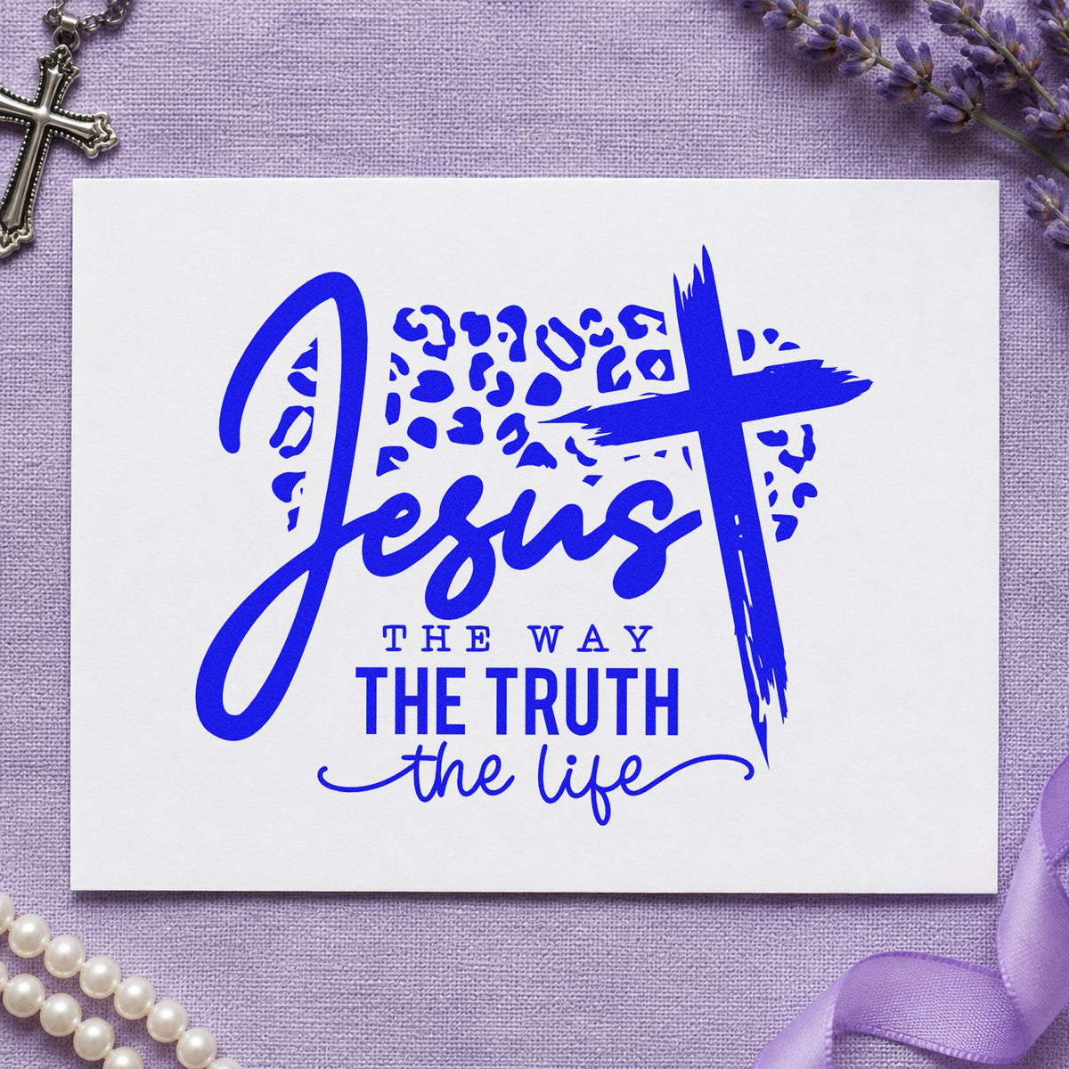 Jesus the Way Leopard Cross craft stamp in blue ink on cardstock, an easy option for spotted tote bags.