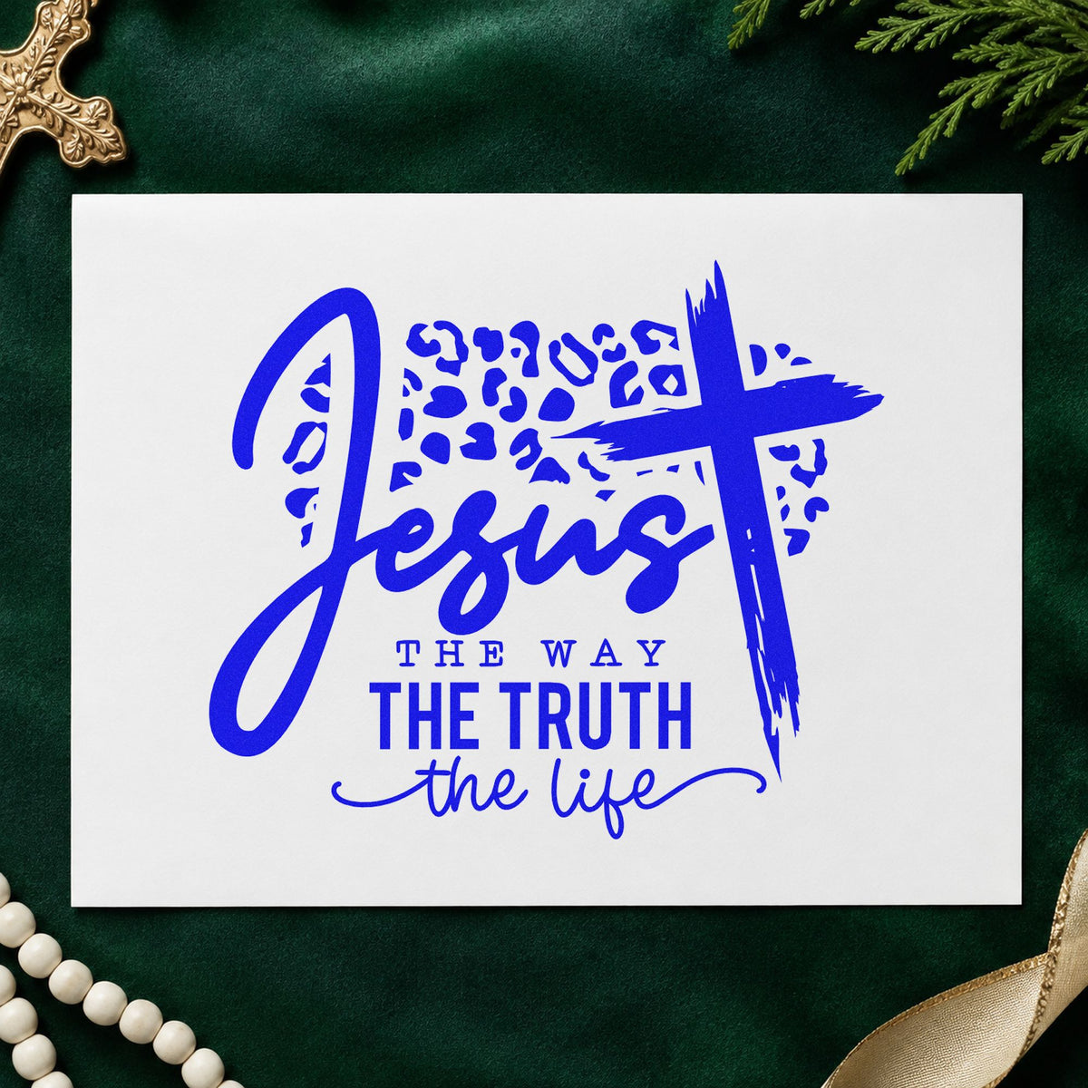Jesus the Way Leopard Cross craft stamp imprinted in blue ink on paper, a design suited to hair salon seals.