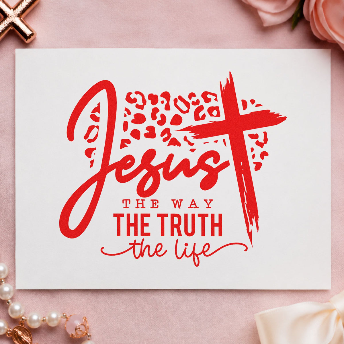 Jesus the Way Leopard Cross rubber stamp shown in red ink, stamped for projects such as bible cover crafts.