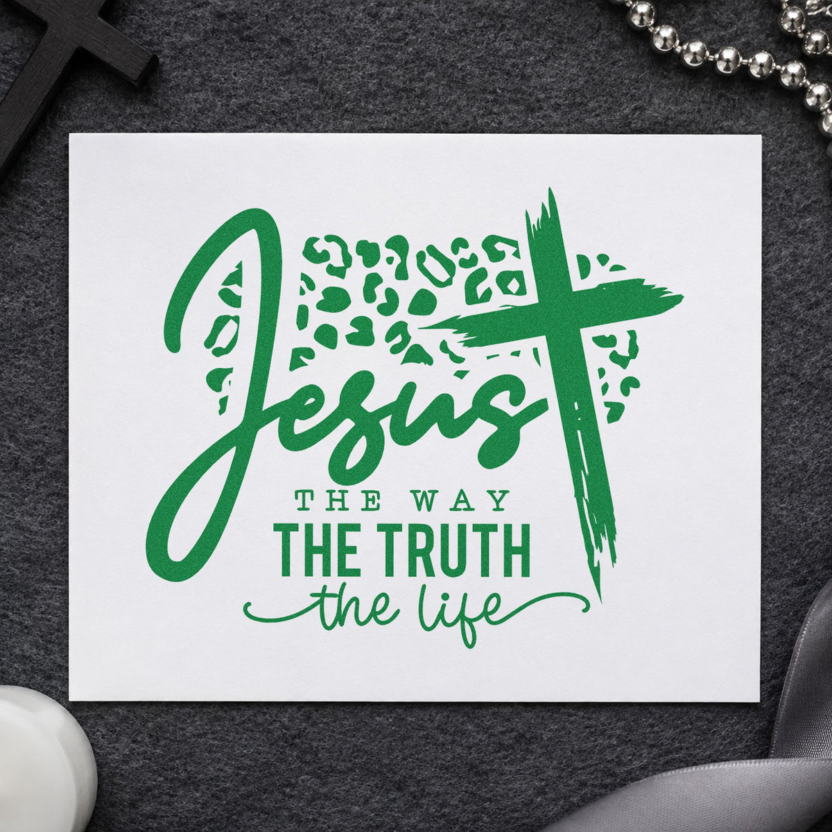 Jesus the Way Leopard Cross craft stamp imprint in green ink on a handmade project, one idea being framed dressing art.
