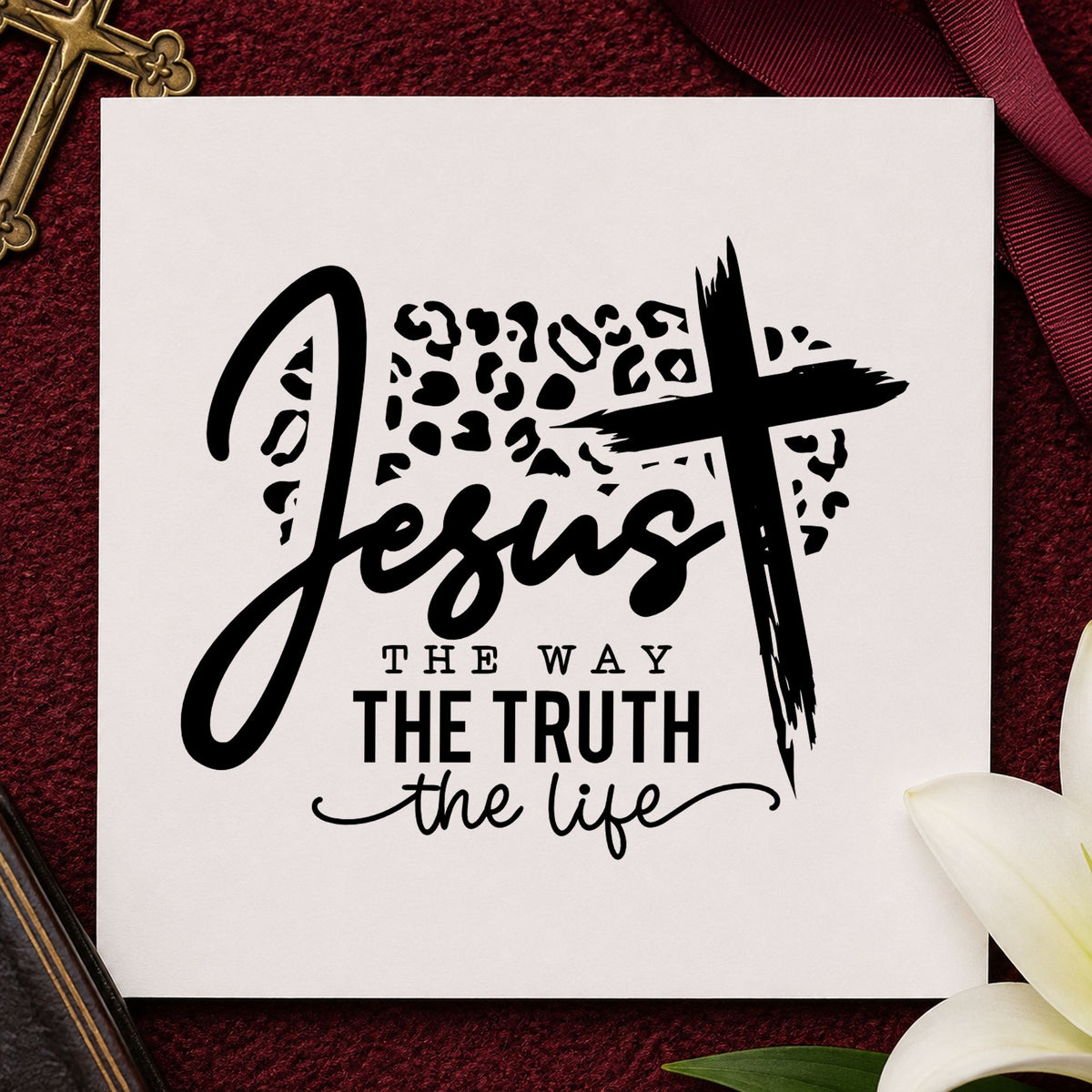 Jesus the Way Leopard Cross rubber stamp printed in black ink, ready for leopard way cards and similar paper crafts.