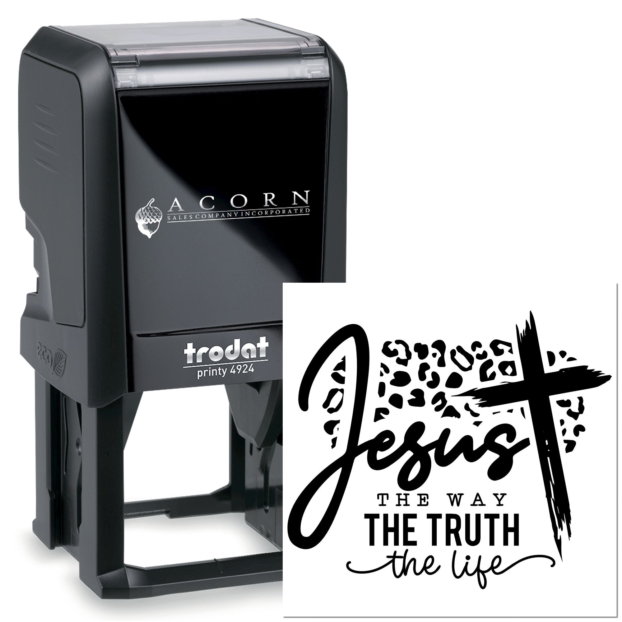 Self-inking rubber stamp featuring a custom Christian Jesus the Way, the Truth, the Life design for personalized stamping.