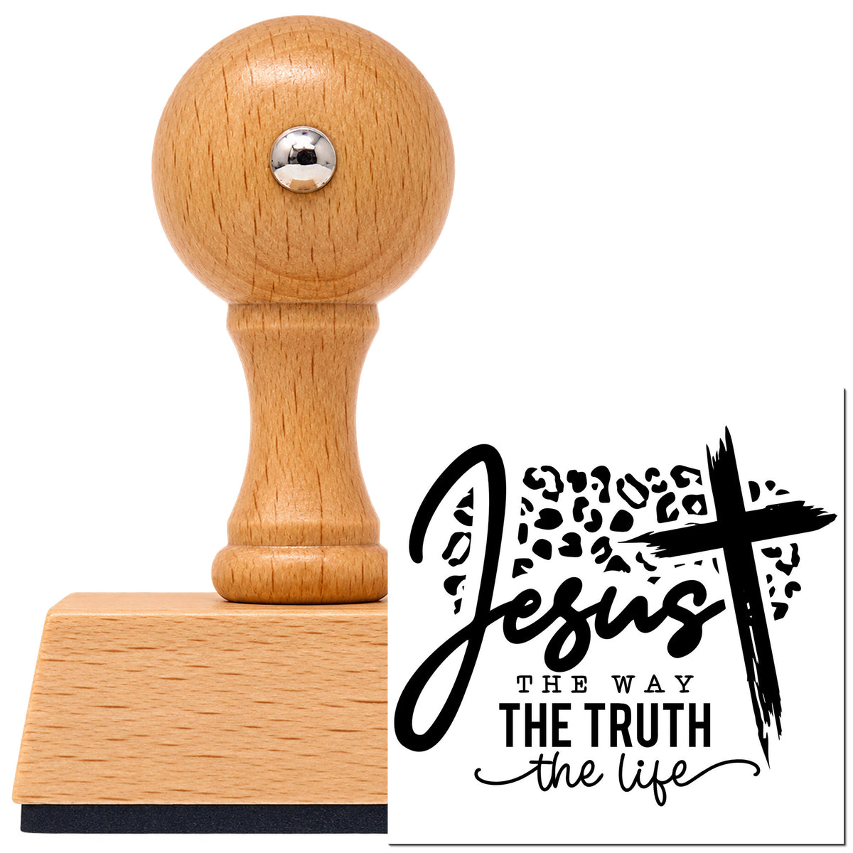 Jesus The Way Leopard Cross Vintage Pro rubber stamp in European beech wood with a round knob handle, shown beside its black imprint.