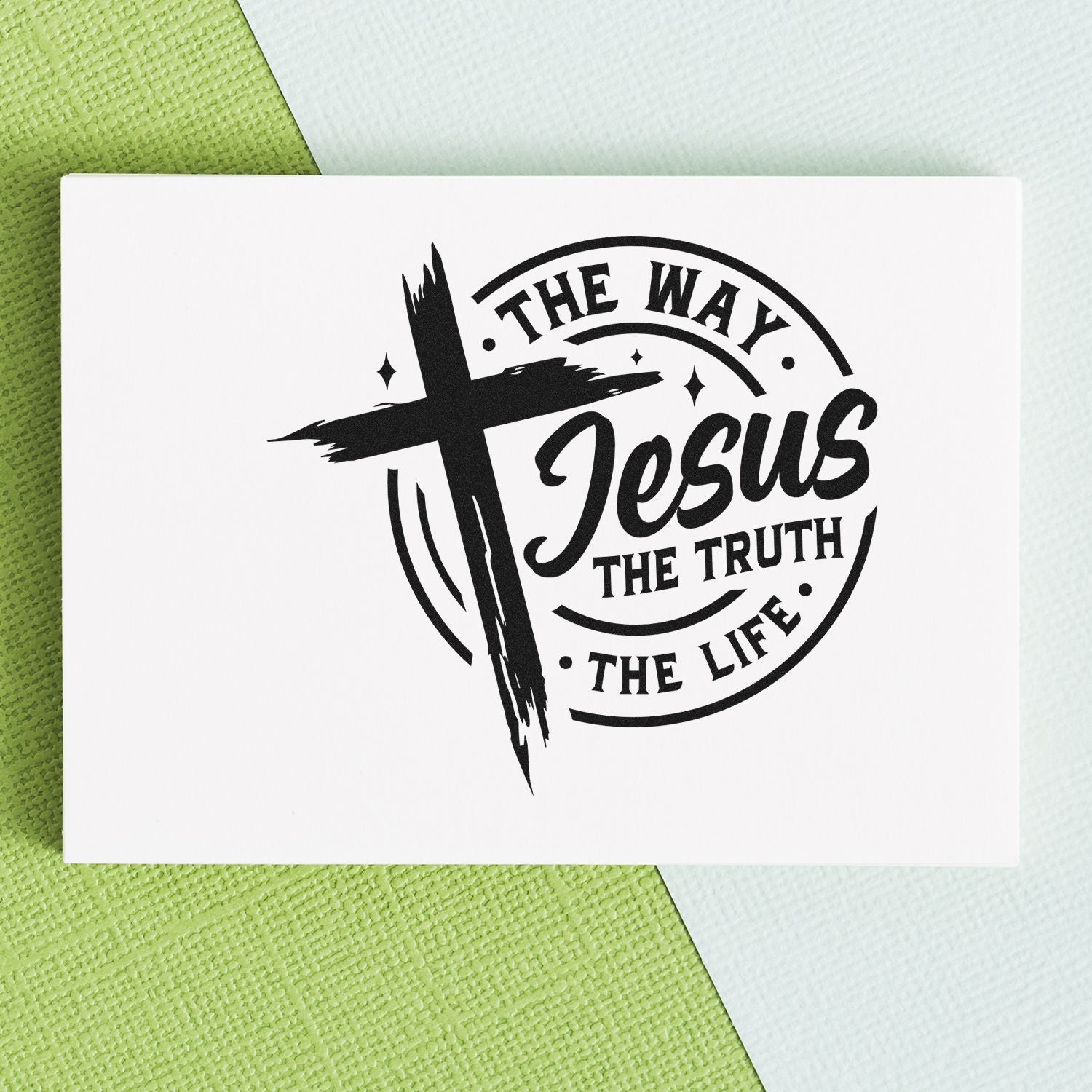 Christian rubber stamp design with cross and Bible verse The Way, Jesus, The Truth, The Life for faith crafts and church use.