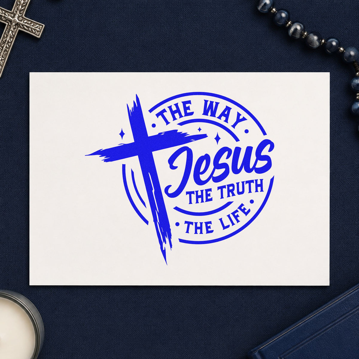 Jesus Way Truth Life Badge craft stamp in blue ink on cardstock, an easy option for missions team tees.