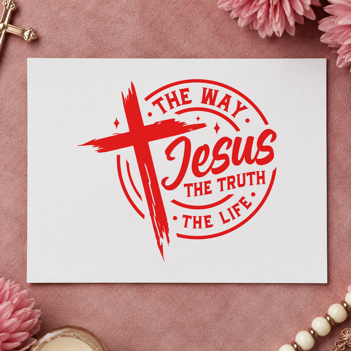 Jesus Way Truth Life Badge rubber stamp shown in red ink, stamped for projects such as airport goodbye notes.