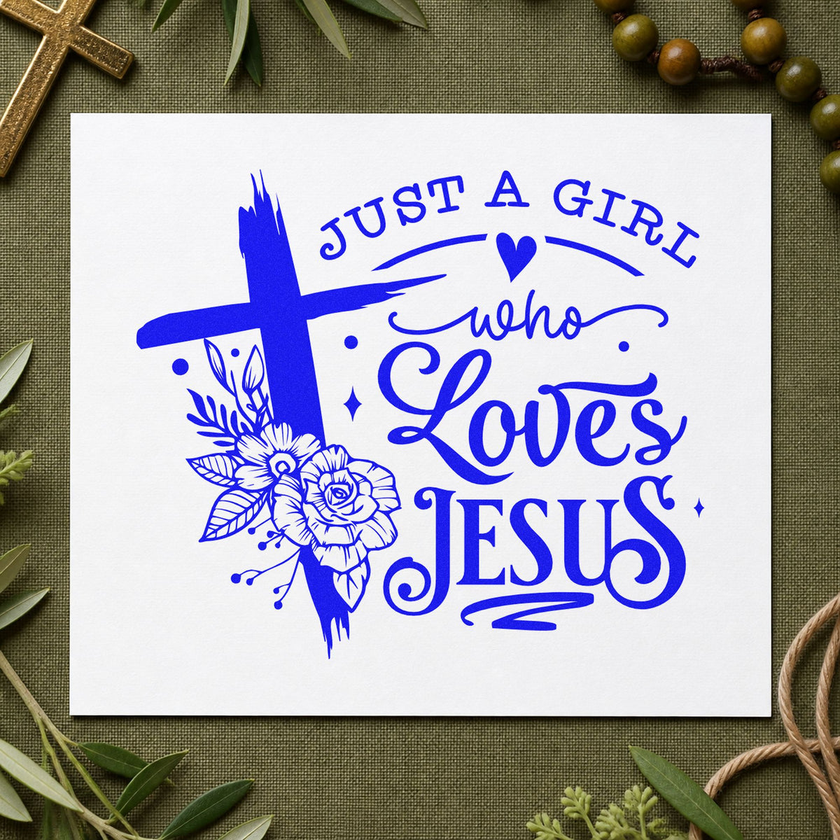 Girl Who Loves Jesus Floral craft stamp in blue ink on cardstock, an easy option for hair bow cards.