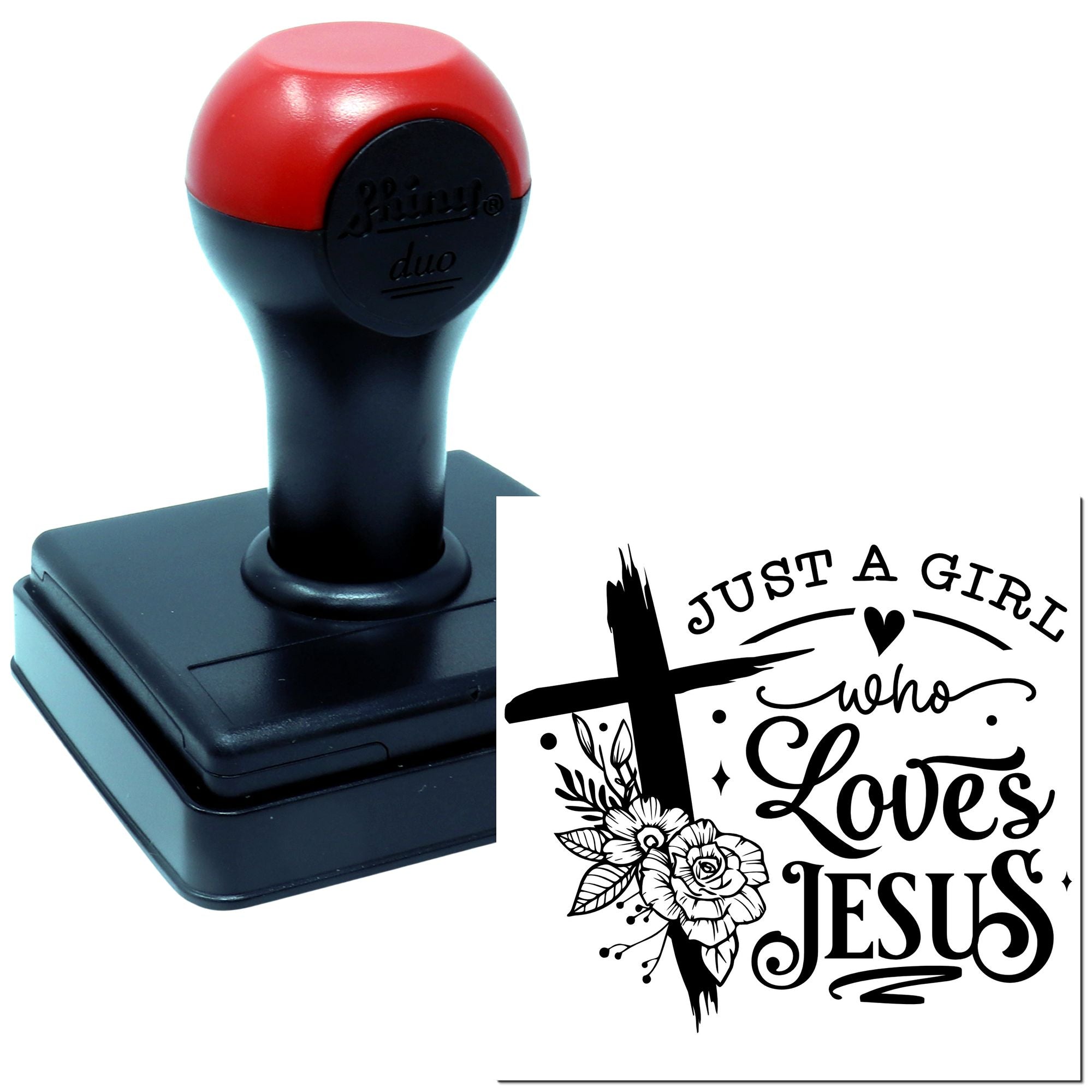 Custom rubber stamp with Just a Girl Who Loves Jesus floral cross design for Christian crafts and gifts.