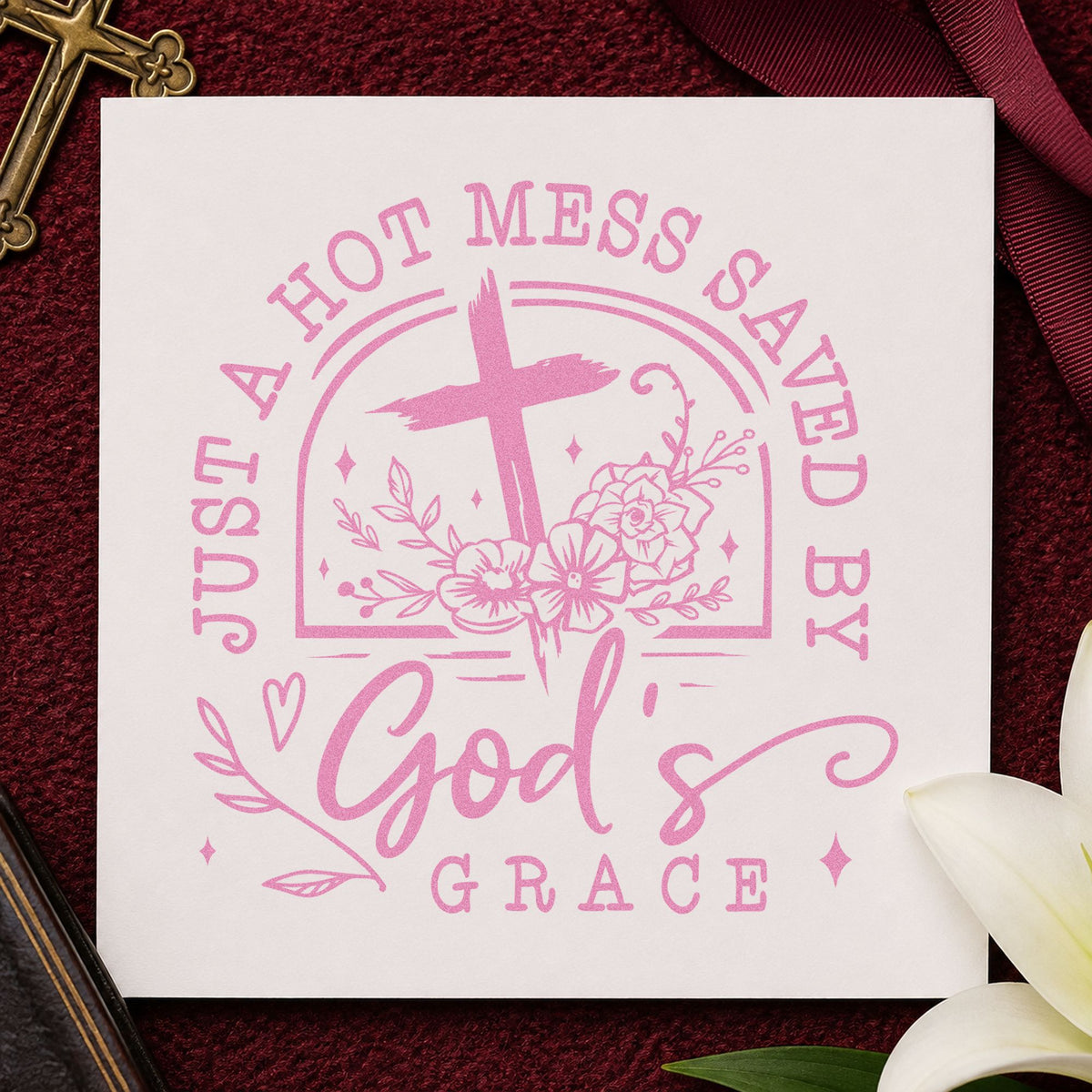 Hot Mess Saved by Grace craft stamp in purple ink on cardstock, an easy option for mom group tags.