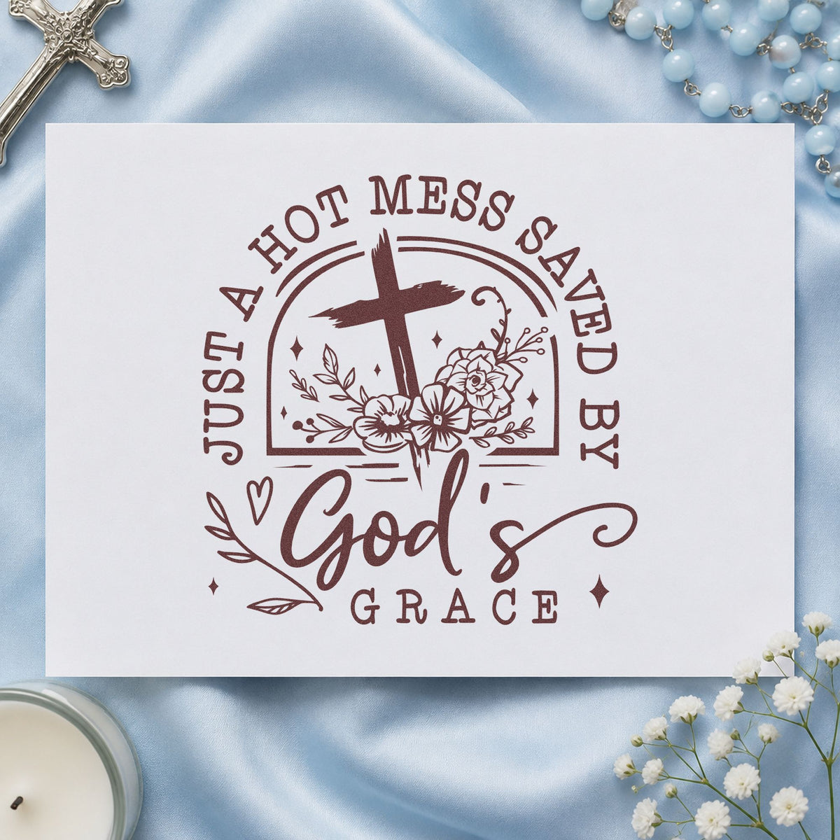 Hot Mess Saved by Grace rubber stamp printed in brown ink, ready for coffee mug boxes and similar paper crafts.