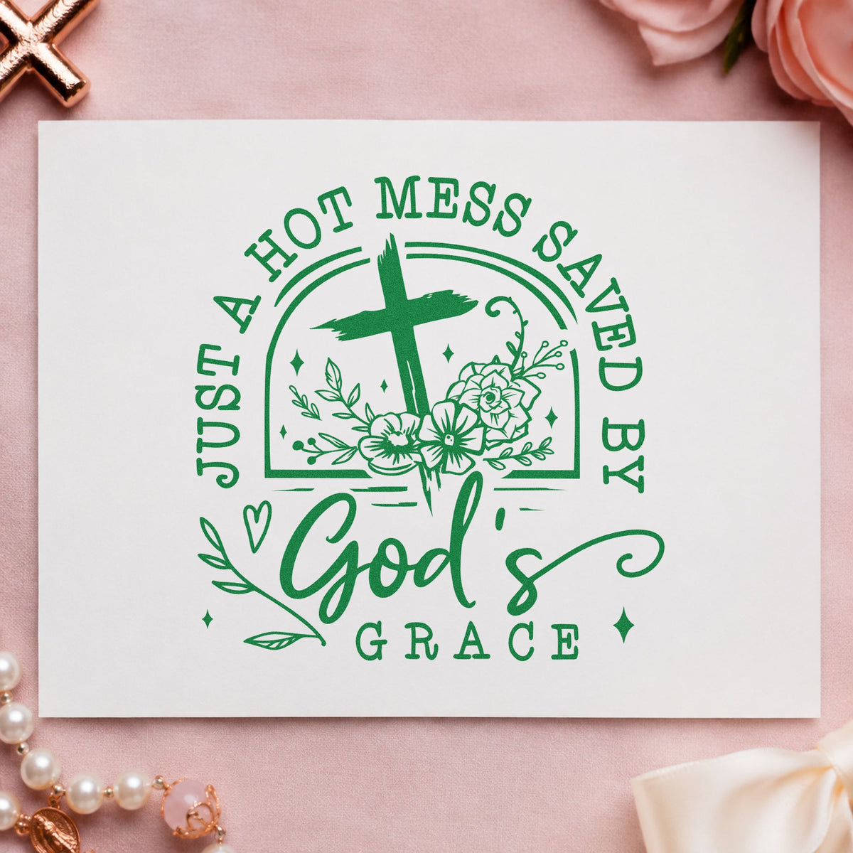 Hot Mess Saved by Grace craft stamp imprint in green ink on a handmade project, one idea being framed pantry art.