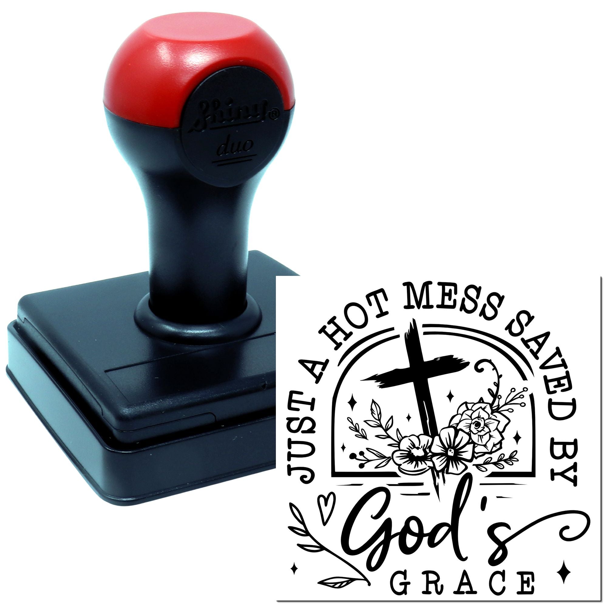 Custom self-inking rubber stamp with Just a Hot Mess Saved by Gods Grace floral cross design for Christian crafts