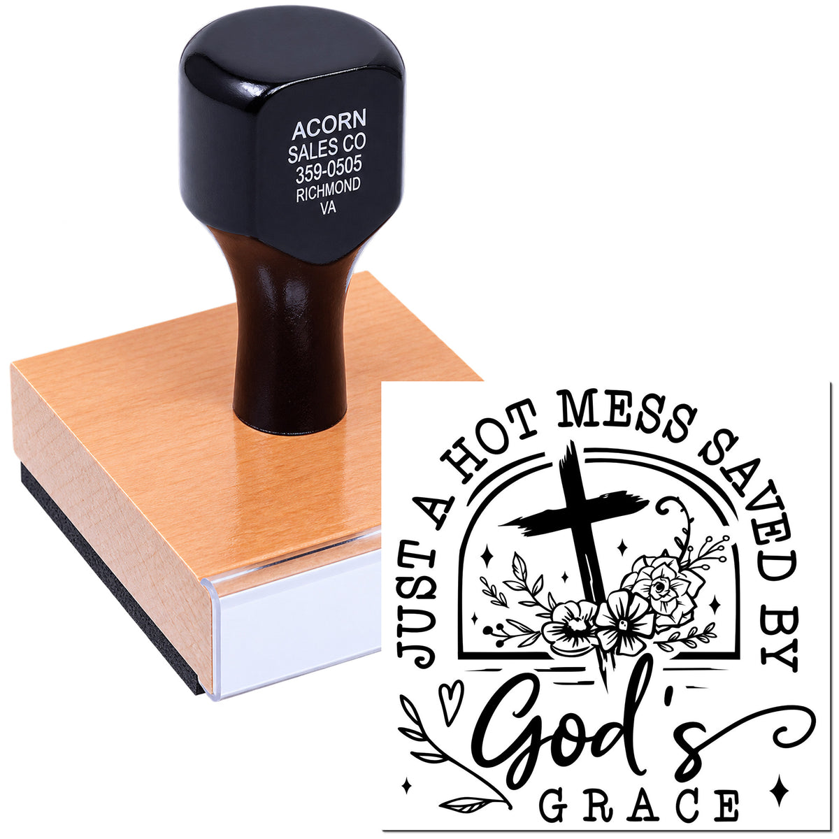 Wood-mounted custom rubber stamp featuring a Christian Just a Hot Mess Saved by Gods Grace design for faith-based crafts.