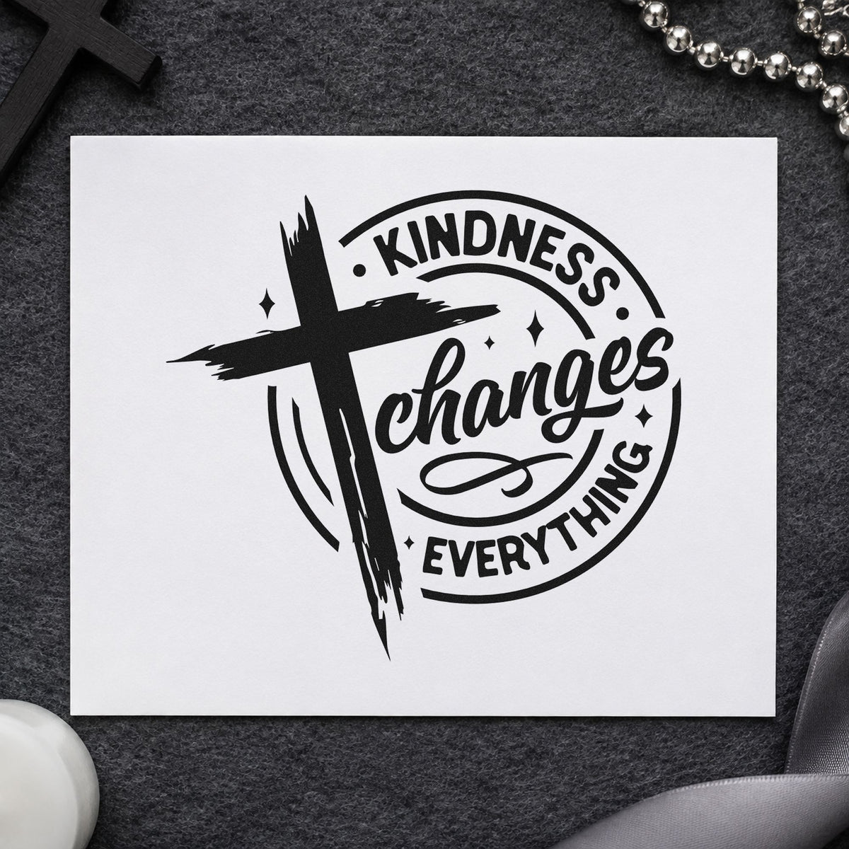 Kindness Changes Everything rubber stamp printed in black ink, ready for kindness circle cards and similar paper crafts.