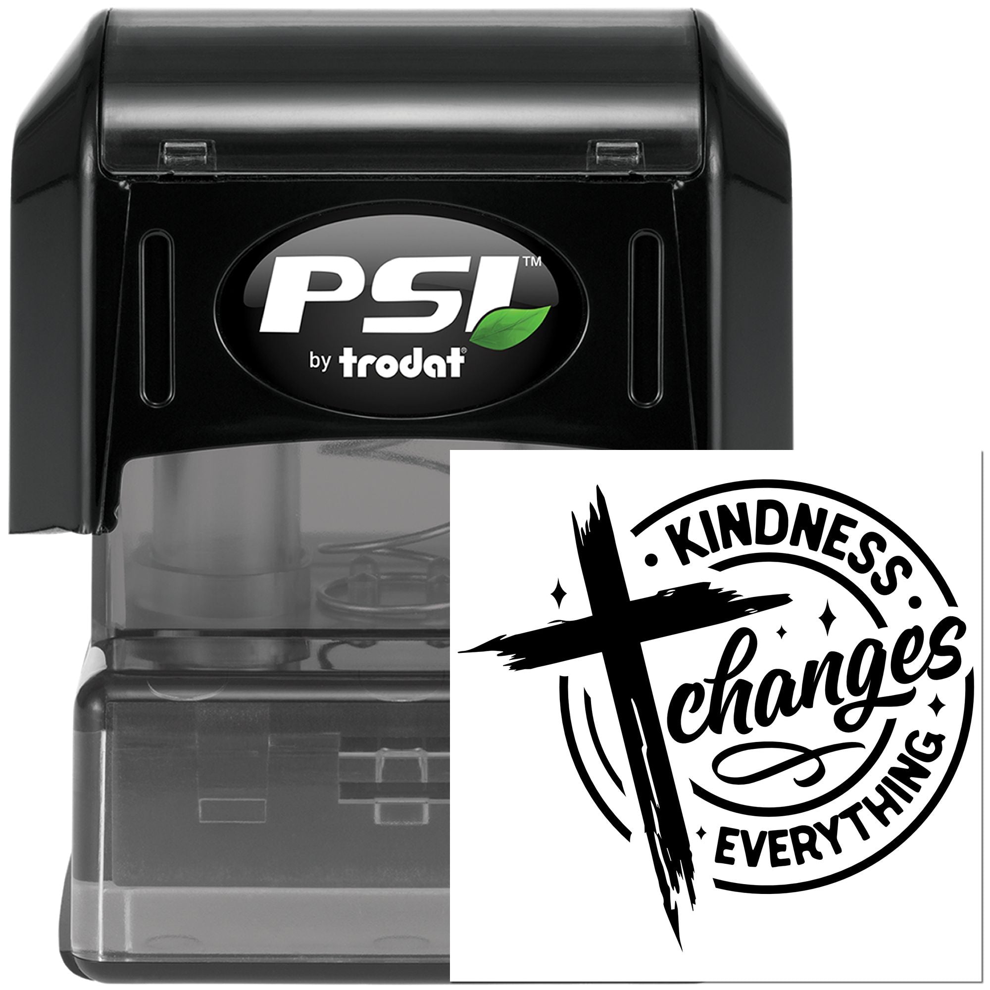 PSI by Trodat self-inking rubber stamp with Kindness Changes Everything imprint for custom inspirational branding.