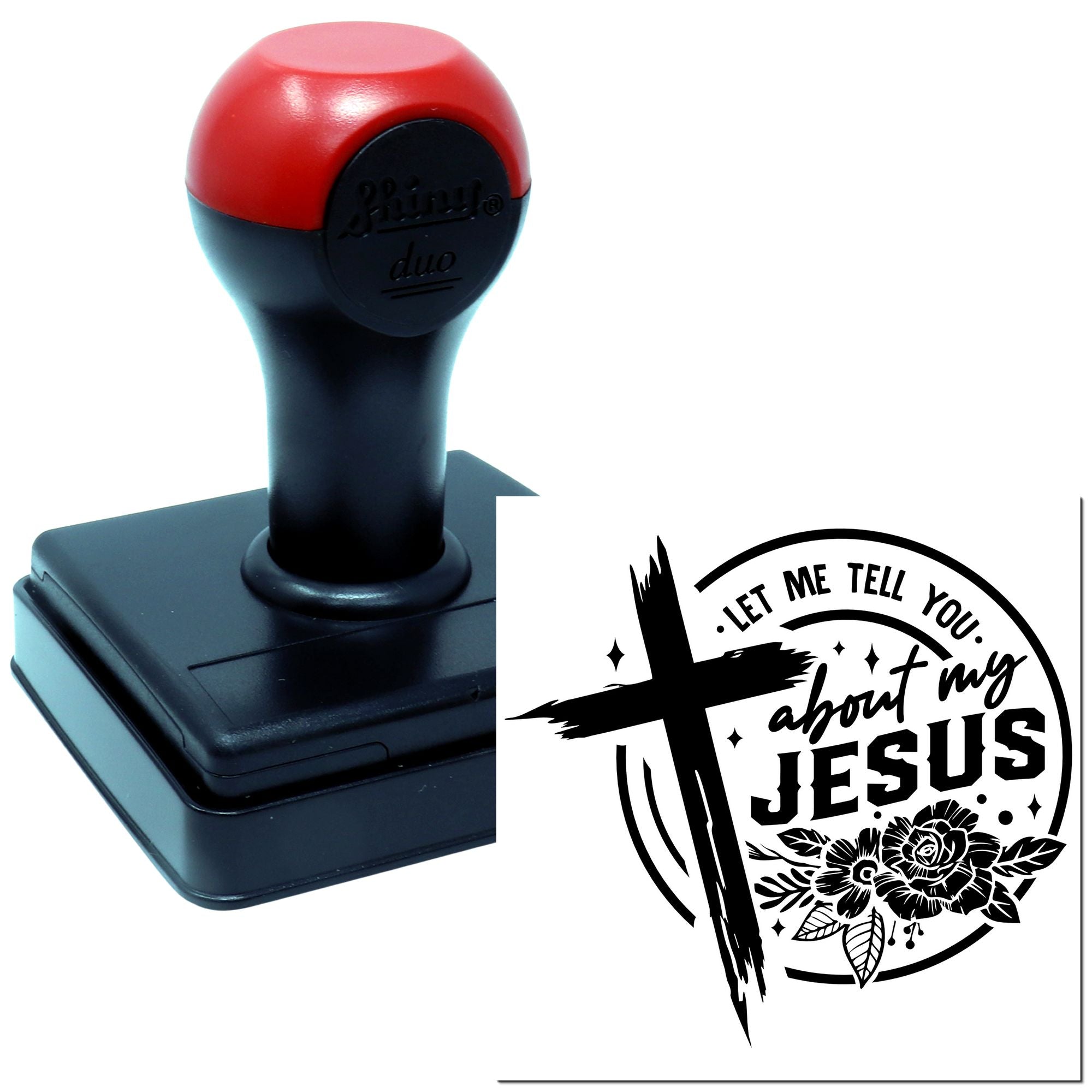 Self-inking rubber stamp with Christian quote, Let me tell you about my Jesus, featuring a cross and floral design.