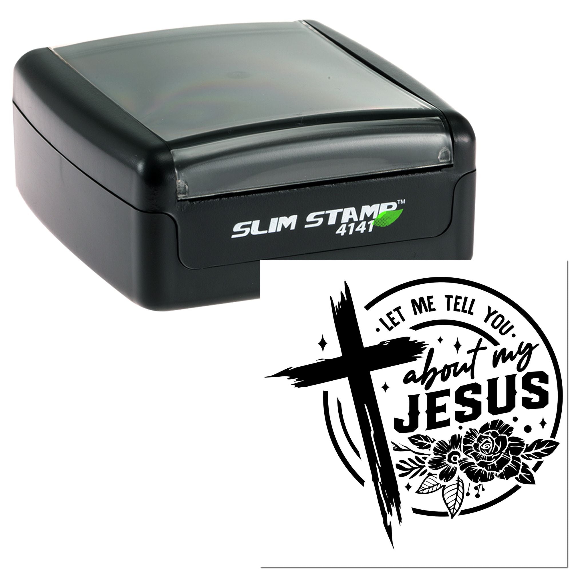 Self-inking rubber stamp with Christian Let Me Tell You About My Jesus cross and floral imprint design.