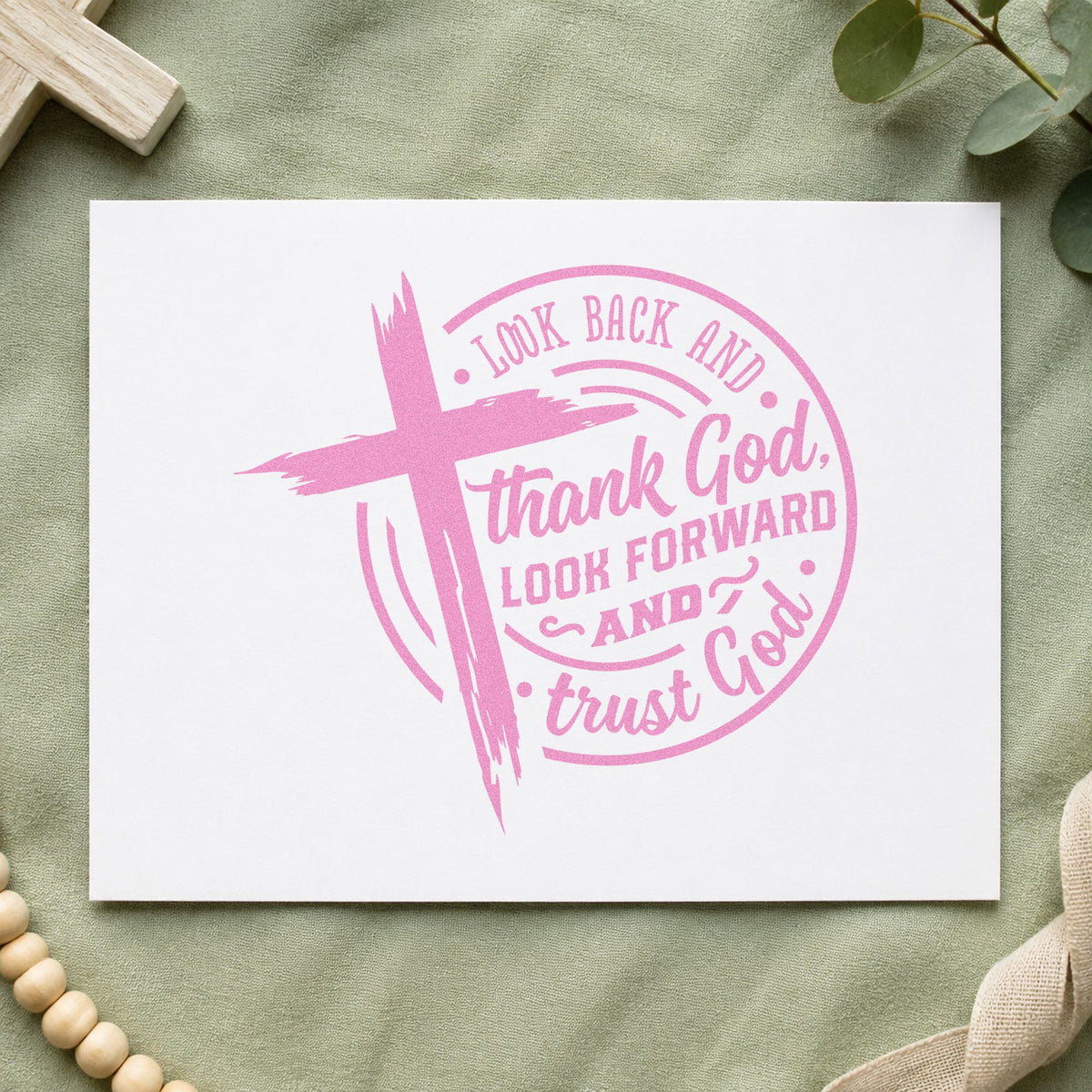 Look Back Thank God Badge craft stamp in purple ink on cardstock, an easy option for class reunion tags.