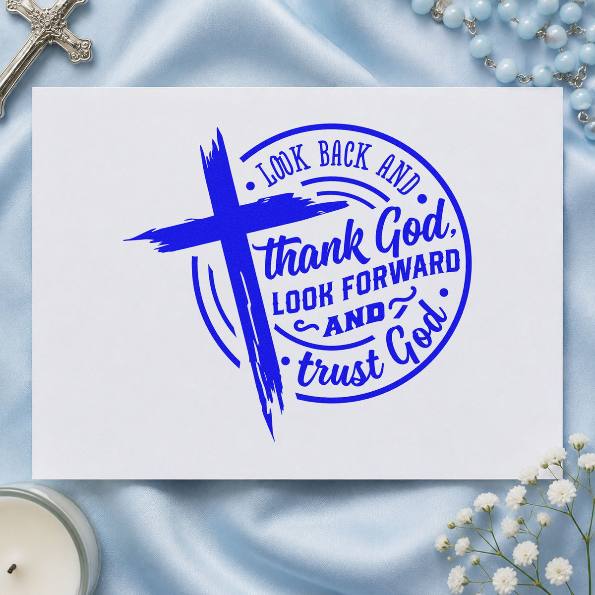 Look Back Thank God Badge craft stamp in blue ink on cardstock, an easy option for anniversary tote bags.