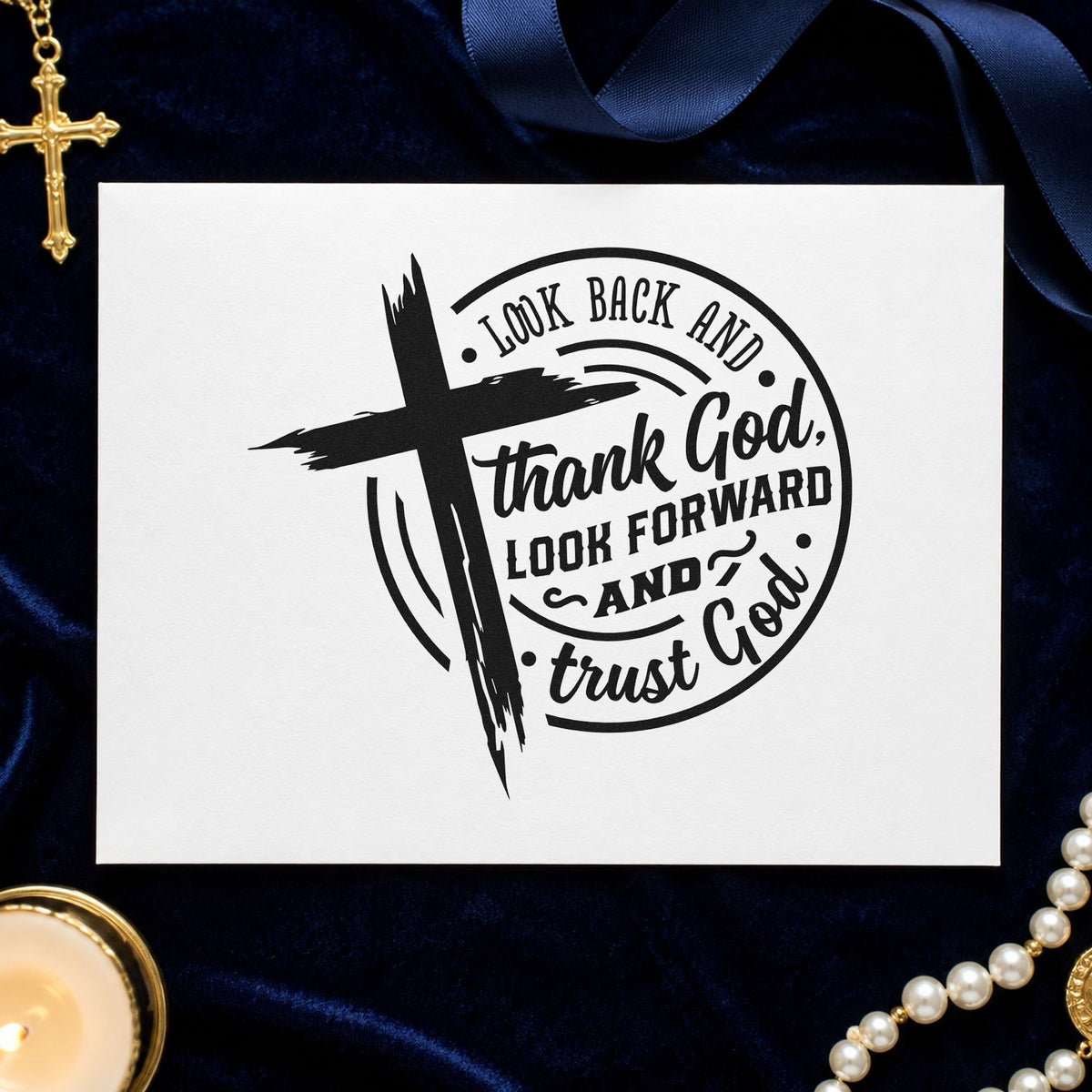 Look Back Thank God Badge rubber stamp printed in black ink, ready for look both cards and similar paper crafts.