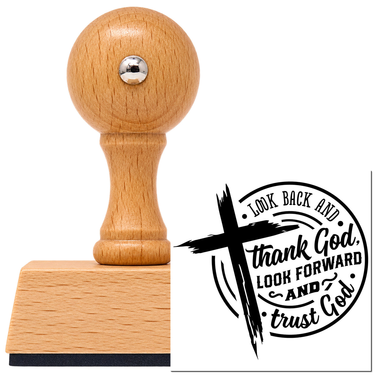 Look Back Thank God Emblem Vintage Pro rubber stamp in European beech wood with a round knob handle, shown beside its black imprint.