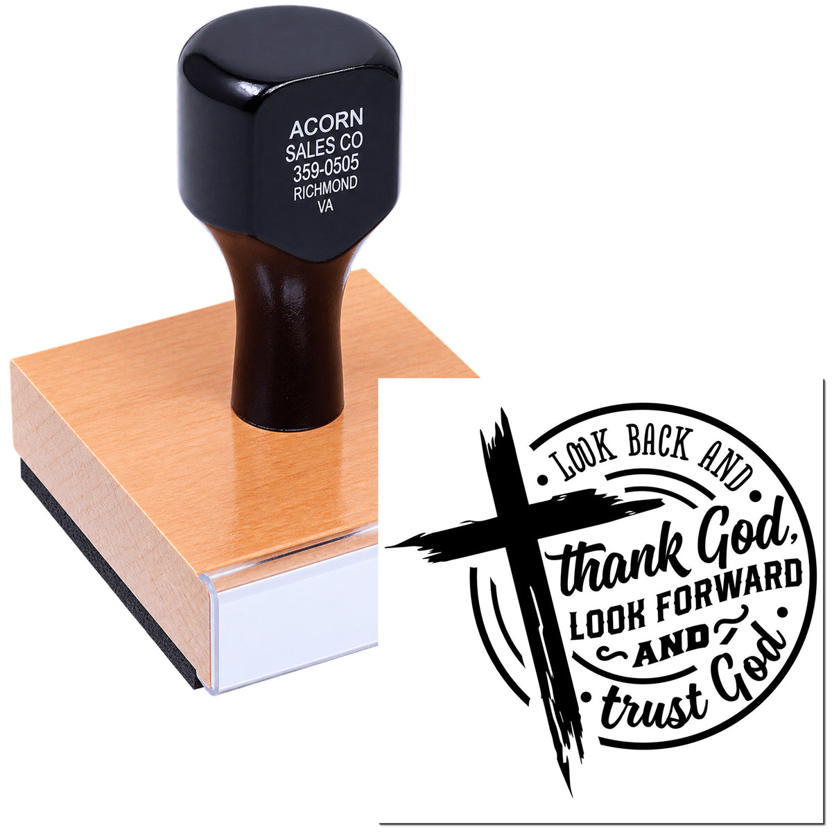 Custom Christian rubber stamp with cross and quote, Look back and thank God, look forward and trust God, for faith-based crafting.