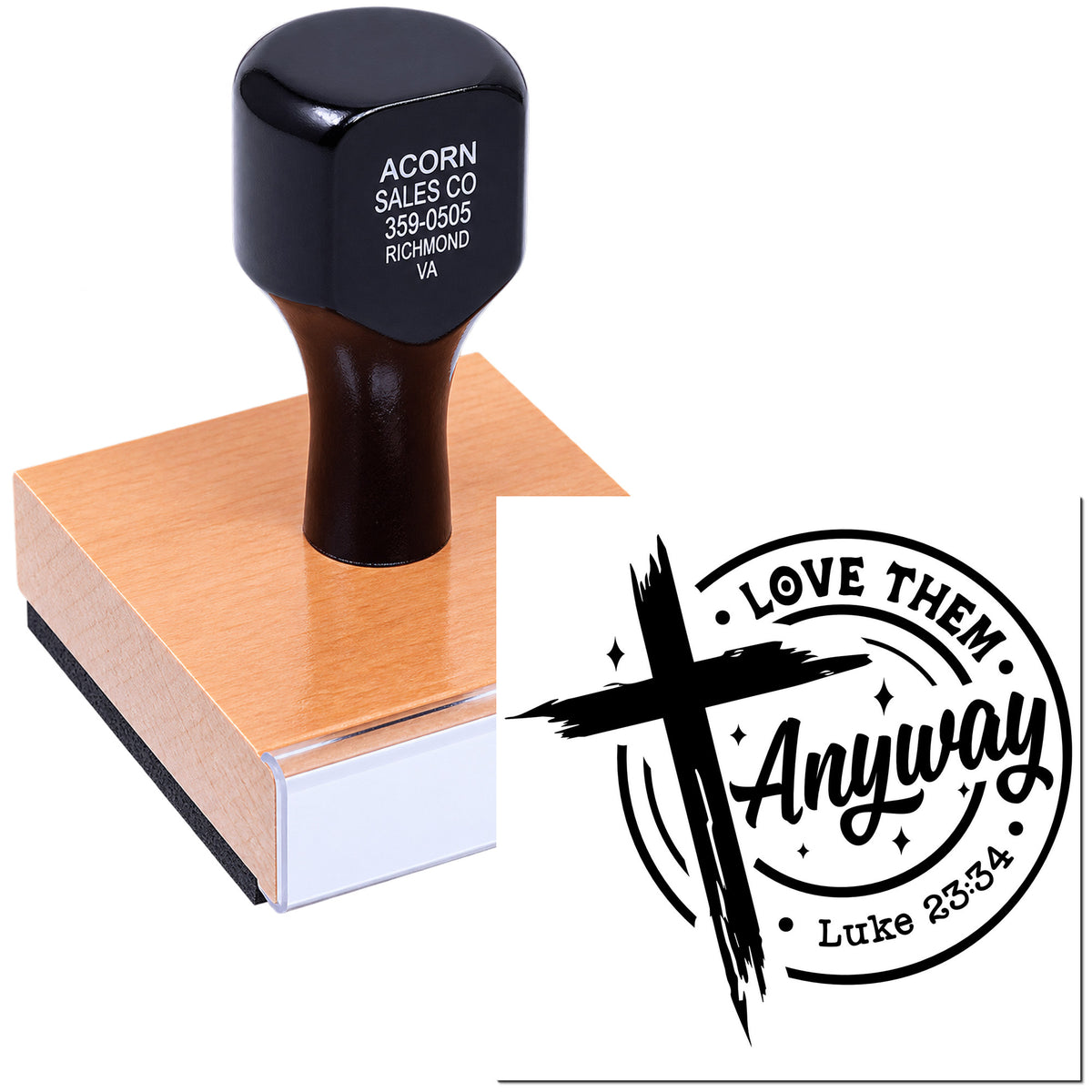 Personalized rubber stamp with cross design reading Love Them Anyway and Luke 23:34, ideal for church outreach.