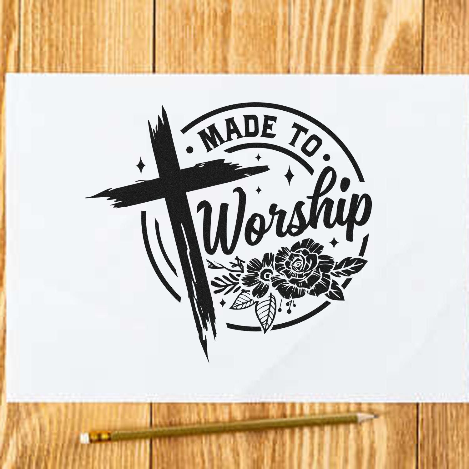 Made to Worship Christian rubber stamp design with cross and floral accents for faith-based crafts and handmade projects